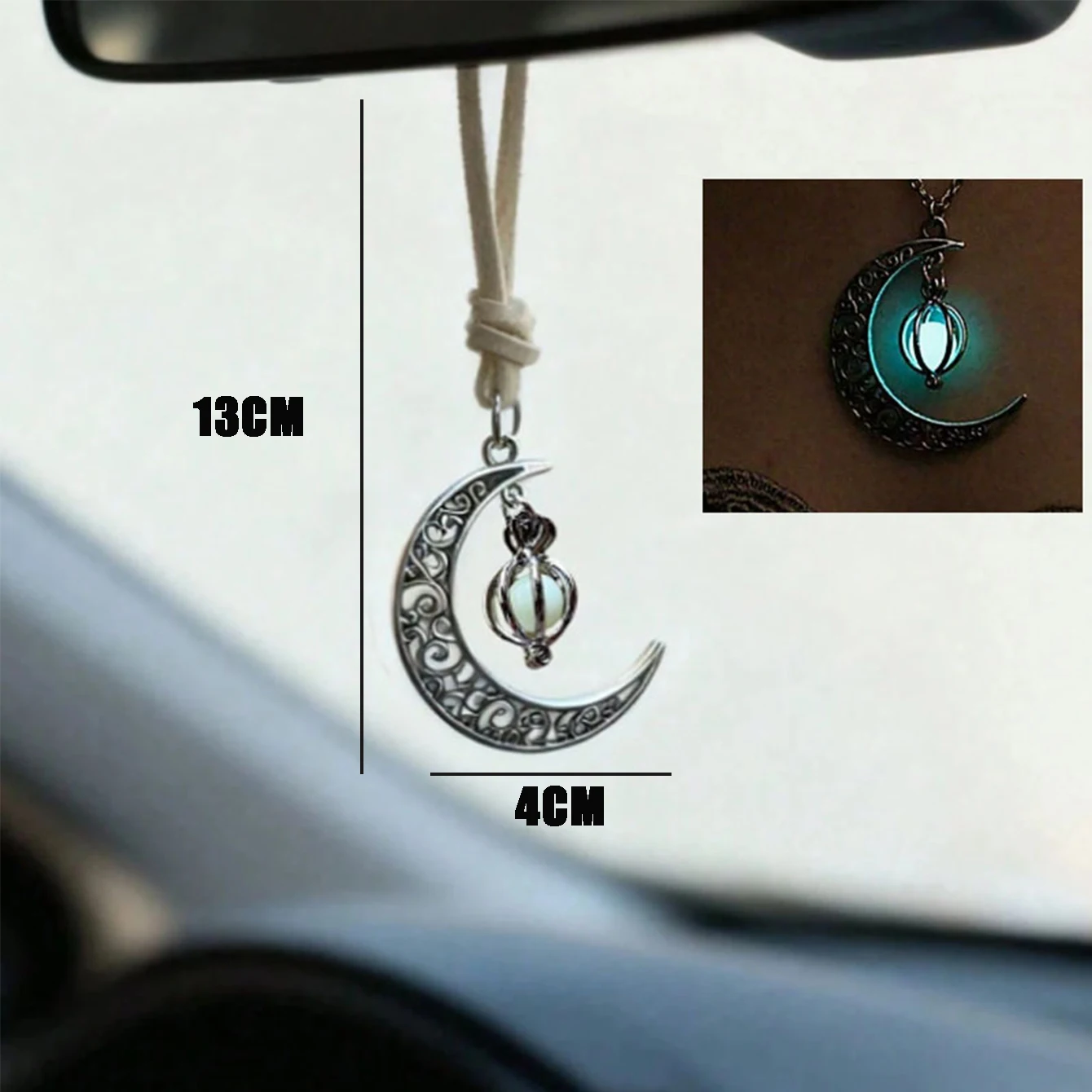 Moon Pendant Car Hanging Ornament – Hollow Crescent Design, Inlaid With Luminous Stone, Elegant Rearview Mirror Decor