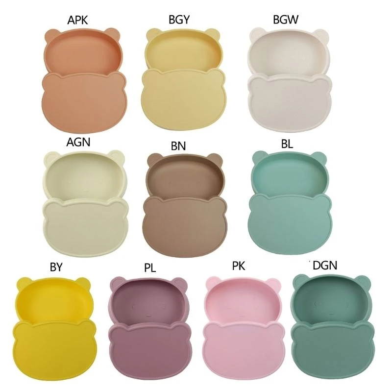 

Stay Put Suction Bowl for Toddlers Bear Baby Self-Feeding Plate Silicone Utensil with Lid Microwave Safe Tableware G2TD