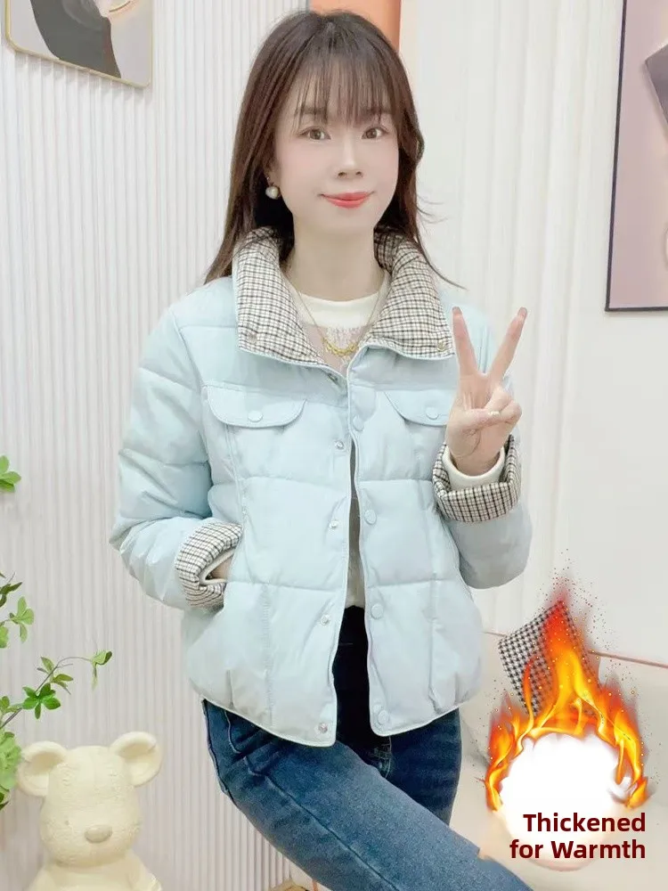 

Chic Plaid Spliced Women's down Cotton Jaet ort Sli Unique Little Cotton Coat Outerwear Korean Sle Loose Fit