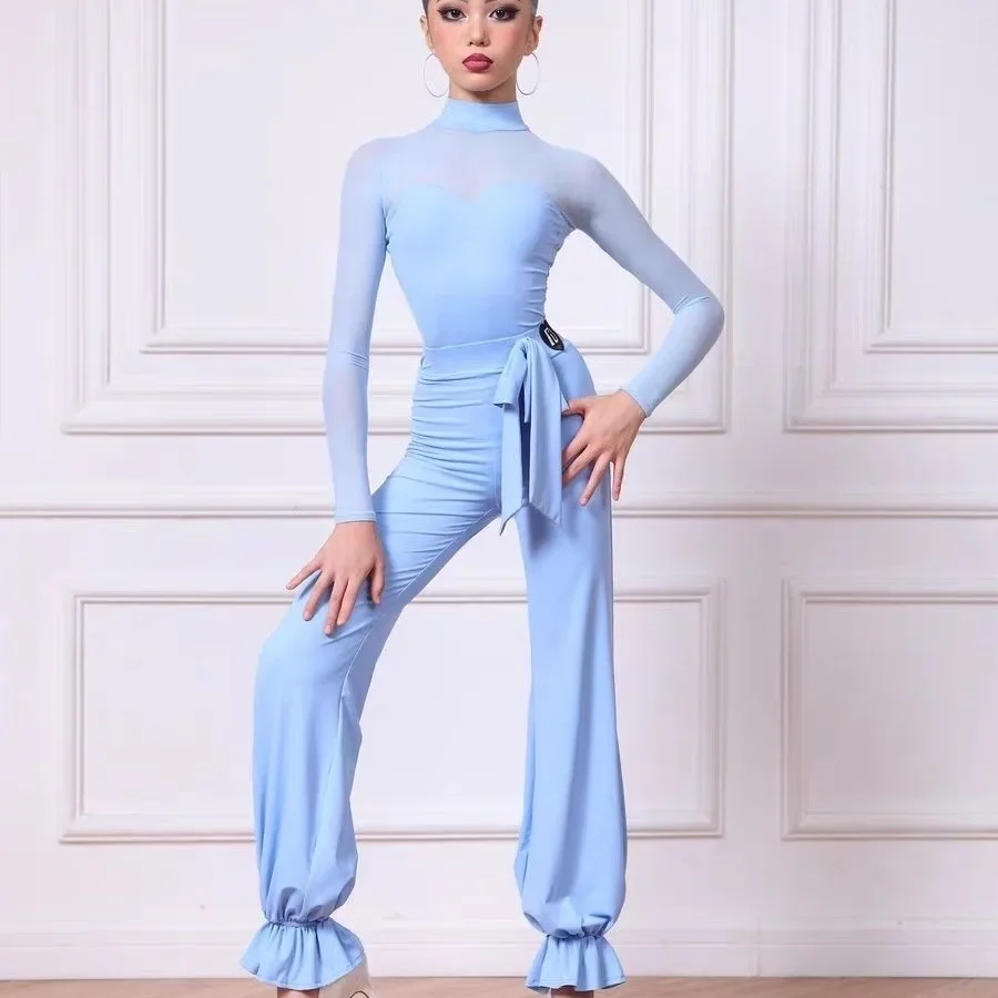 2025 Lijn Danskleding Dames Danskleding Nieuw Latin Danspak Nieuw in Jurken Toneelkostuum Blauwe Jurk Latin Dancewear Lange Broek