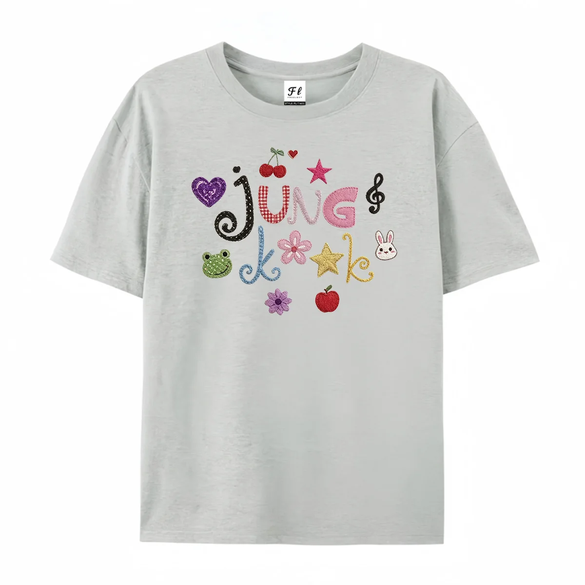 `Jung K Cute Patchwork Letter Graphic T‑Shirt Colorful Heart Cherry Star Music Note Frog Rabbit Flower Apple Cartoon Print Tees