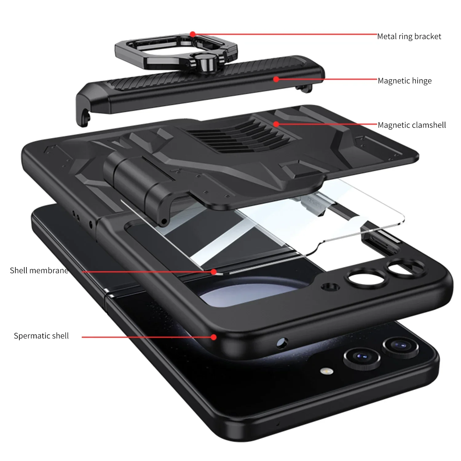 For Samsung Galaxy Z Flip 5 Case Metal Ring Bracket Magnetic Hinge Lens Film All-inclusive Folding Protect Shockproof Hard Cover