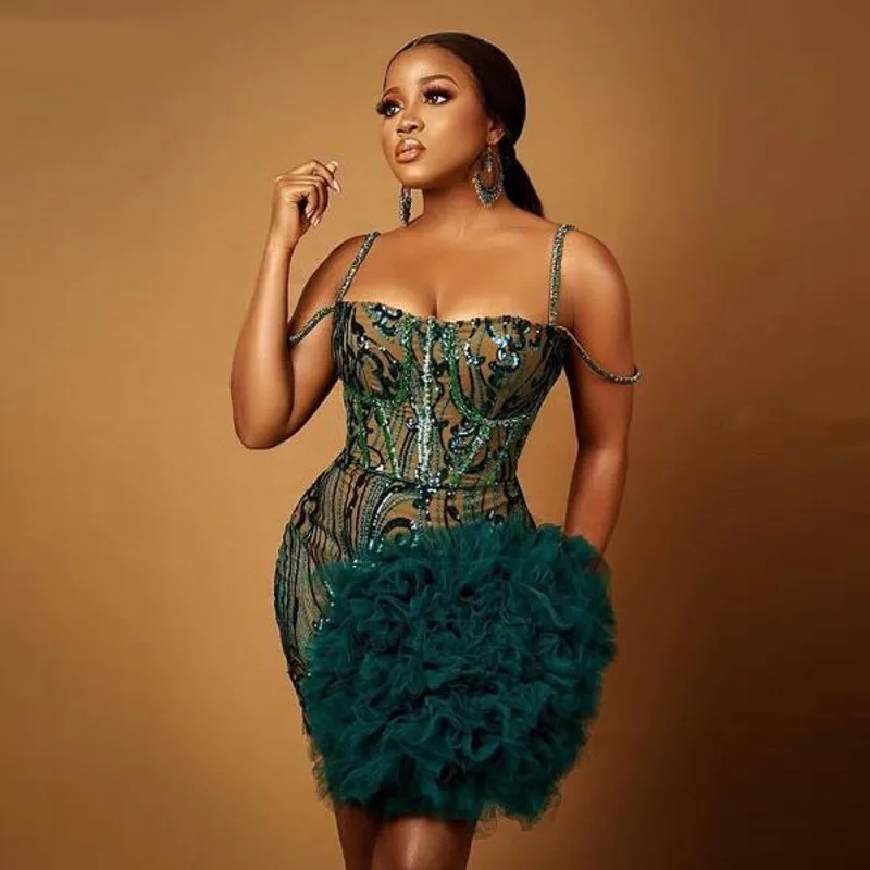 

On Zhu Aso Ebi African Green Short Prom Dresses Sexy Spaghetti Plus Size Ruffles Tulle Evening Gowns Zipper Back Party Dress