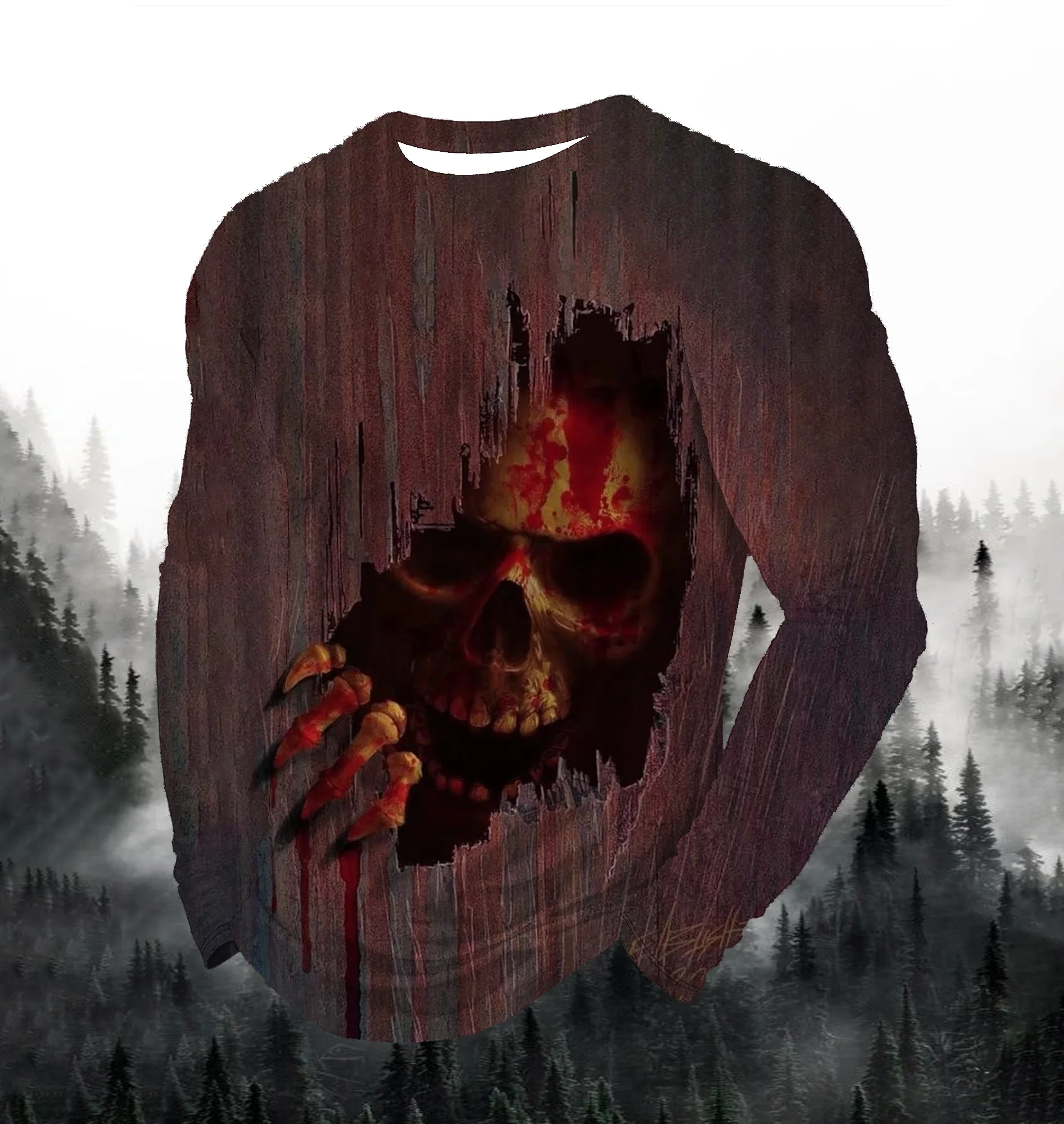 Skull horror Halloween pattern men's street long sleeve T-shirt spring and autumn 3d printing fashion loose men's casual tops