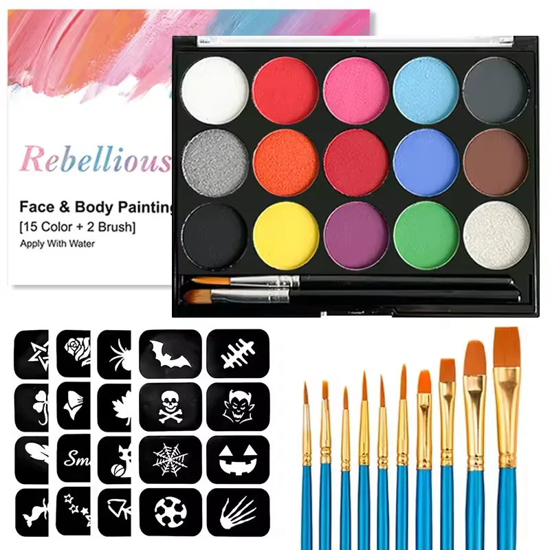 Palette de peinture pour le visage et le corps soluble dans l'eau, 15 couleurs, peinture pour le visage et le corps longue durée et Non toxique pour le maquillage d'halloween