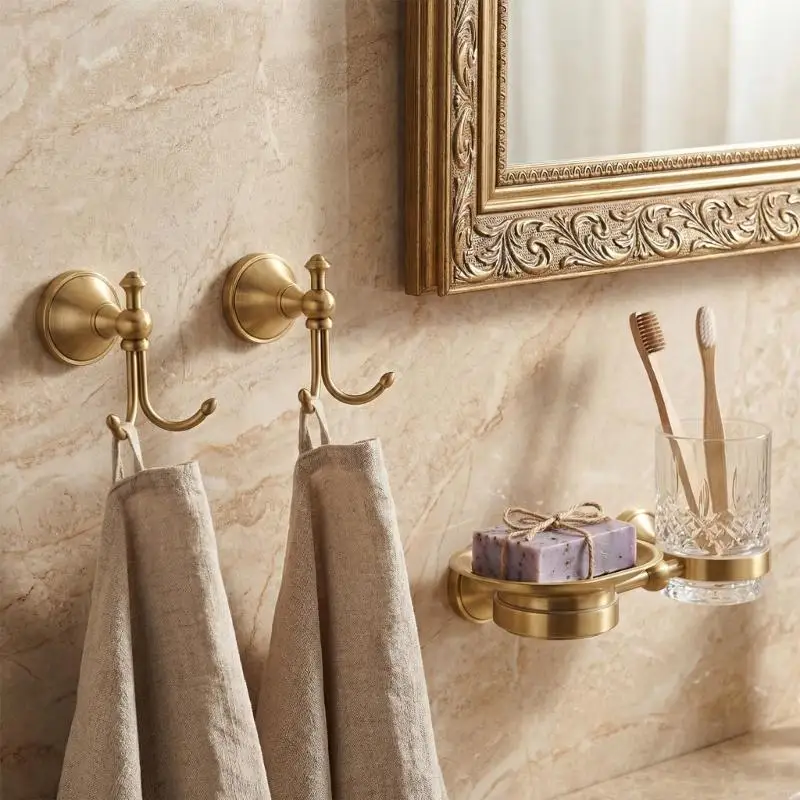2Pcs Wall Mount Robe Hook with Antique Brass Finish Towel Hanger for Shower Area, Bedroom Door, Kitchen Utensils Storage Needs