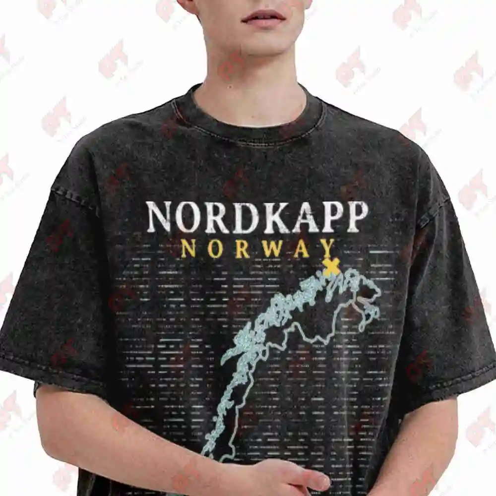 Nordkapp Norway Map Nordkaxe Cape Norwegian Flag Coordinates Vintage Washed Tee Pure Cotton T-Shirt