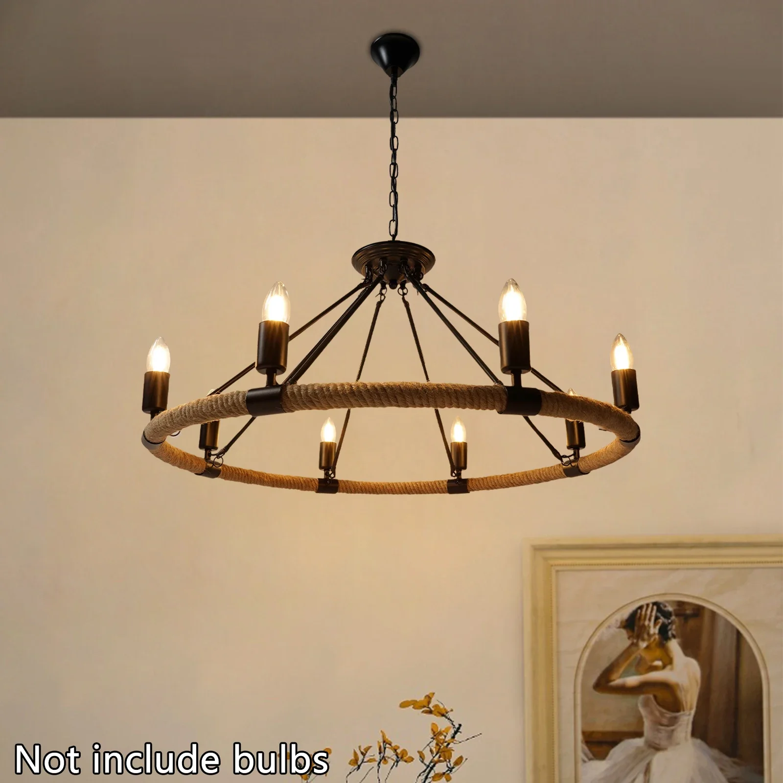 

8-Light Farmhouse Chandelier with Adjustable Hemp Rope, Black Rustic Indoor Ceiling Light Fixture for Living Room, Dining Room