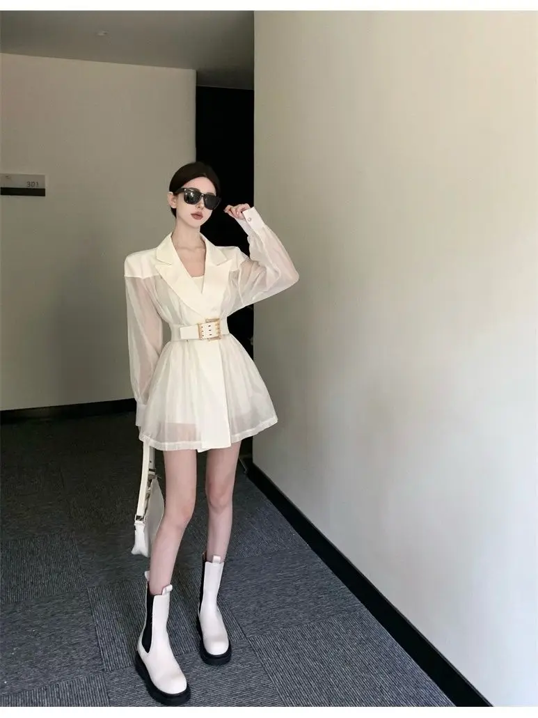 Shirt Women Korean White Breathable Mesh Coat Patchwork Loose Belt Thin Suit Jacket Female Spring Summer Long Sleeve Tops