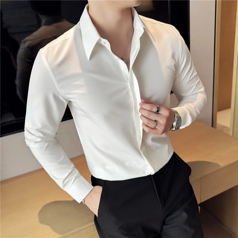 High Quality Invisible Button up Stand Up Collar Shirt 2024 New Men Long Sleeve Slim Fit Casual Social Business Prom Shirts