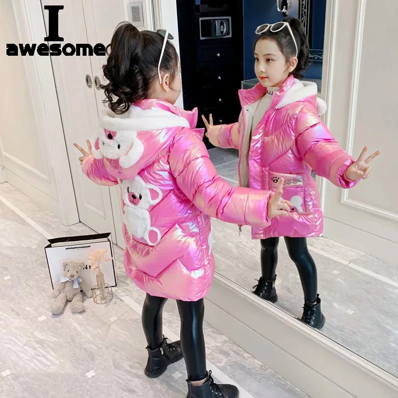 

2 4 6 8 Years Girls Long Winter Down Jacket Cute Bear Coats For Girls Parkas Fashion Bright Hooded Children Waterproof Outerwear