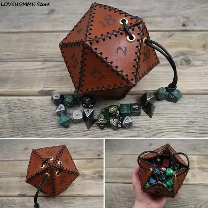 New Leather D20 Dice Bag Polygonal Dice Storage Boxes Reinforced Drawstring Dice Bags for Daily Working Wearing Gift Idea