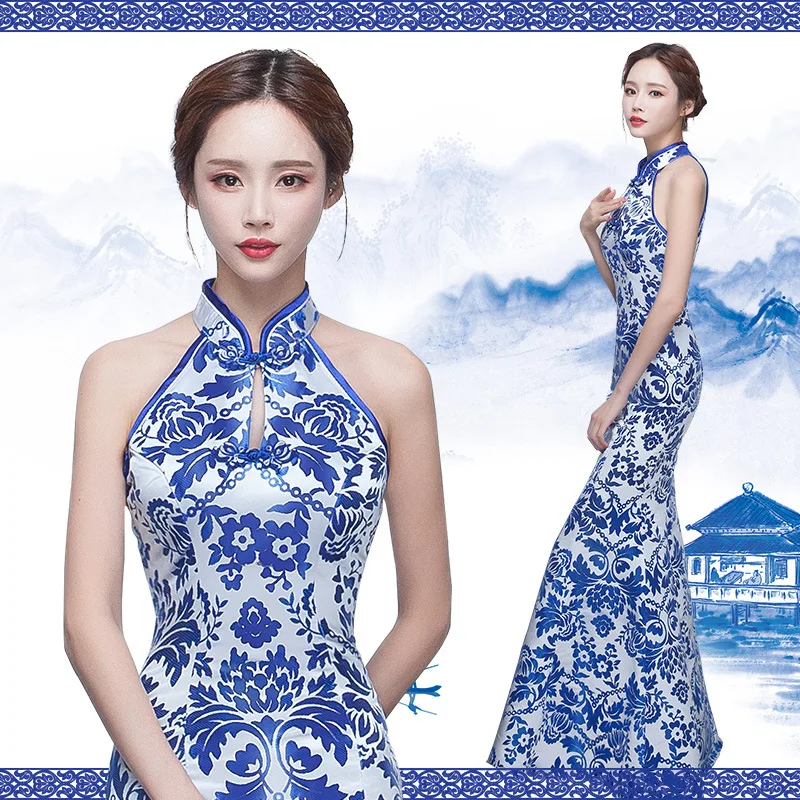 Ele Long 2025 Nowa Damska Sukienka Qipao Wiosenna Występowa Niebiesko-Biała Porcelana Rozmiar Plus Ele Qipao