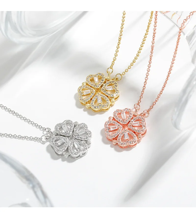 CARLIDANA Transform Luxury Four Leaf Clover Pendant Necklace Crystal Gold Color Heart Love Jewelry for Women Gift