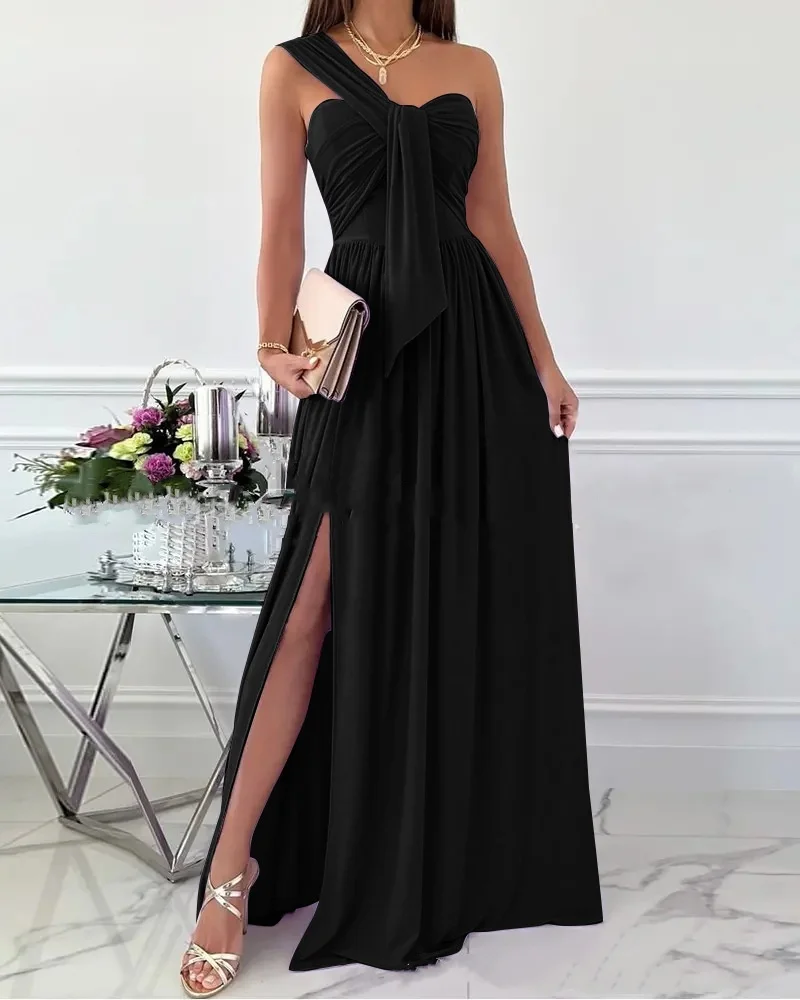 Party Long Maxi Dresses for Women Elegant One Shoulder Ruched Bandeau Evening Party Cocktail Gown Flowy Split Dress