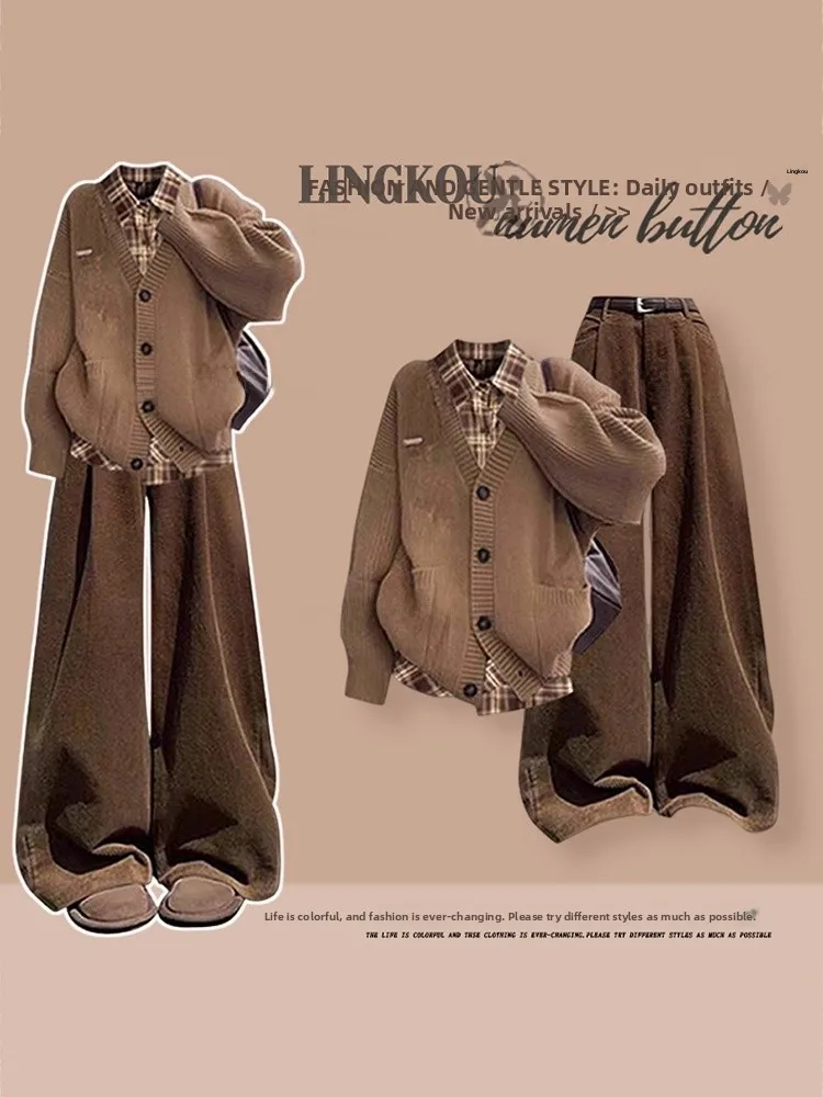 

Women's Casual Knitted Sweater Plaid Shirt Slimming Casual Pants Three-piece Set plus Size Spring Autumn Vintage Style