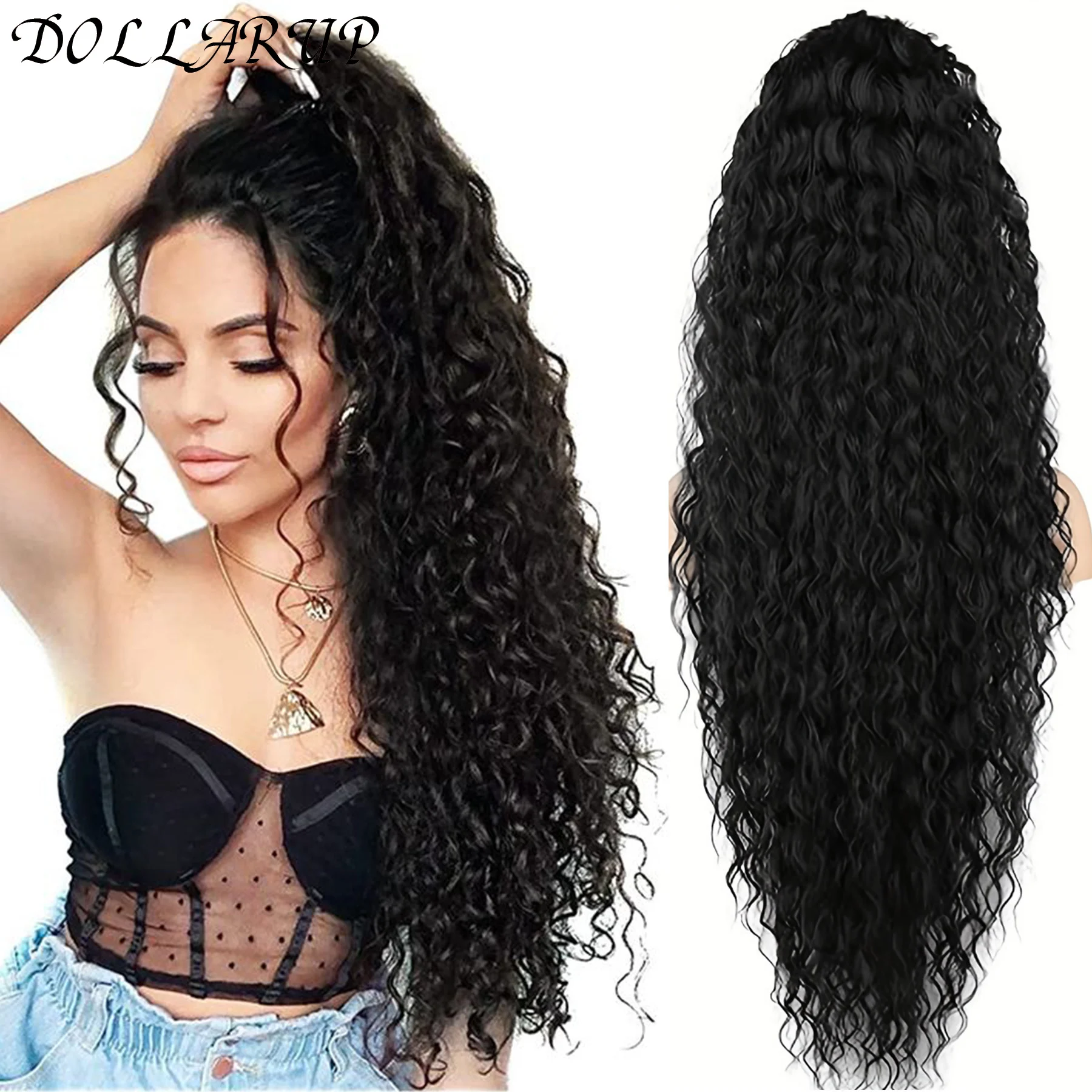 

36 inch Drawstring Ponytail Extension Synthetic Black Long Lightweight Full Natural Curly Fake Tail Multi Layered Hairpiece