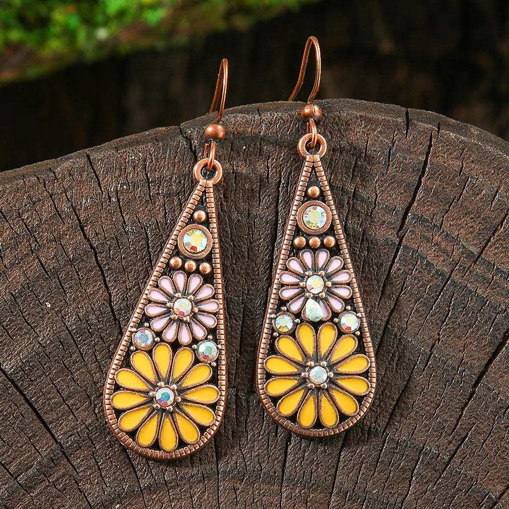 Bohemia Yellow Flower Crystal Earring for Women Vintage Enamel Daisy Teardrop Geometric Earrings Floral Wedding Jewelry Gift