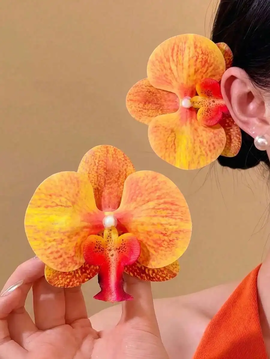 

2pcs Large Orange Orchid Hair Clips For Women Realistic Tropical Flower Hair Pins Summer Beach Wedding Party Accessories