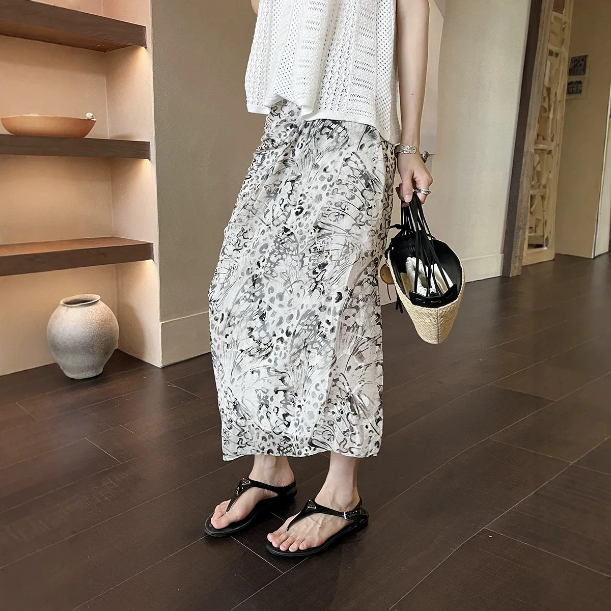 Summer French-Style Textured Cut-Out Wrap Skirt Pleats Slit Flowing Drape Women Polyester