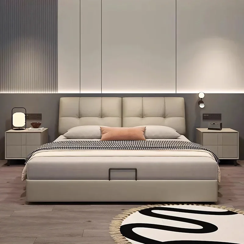 Backrest Storage Double Bed Luxury Beige Soft Modern Wooden Adults Double Bed Twin Frame Big Cama De Casal Home Furniture