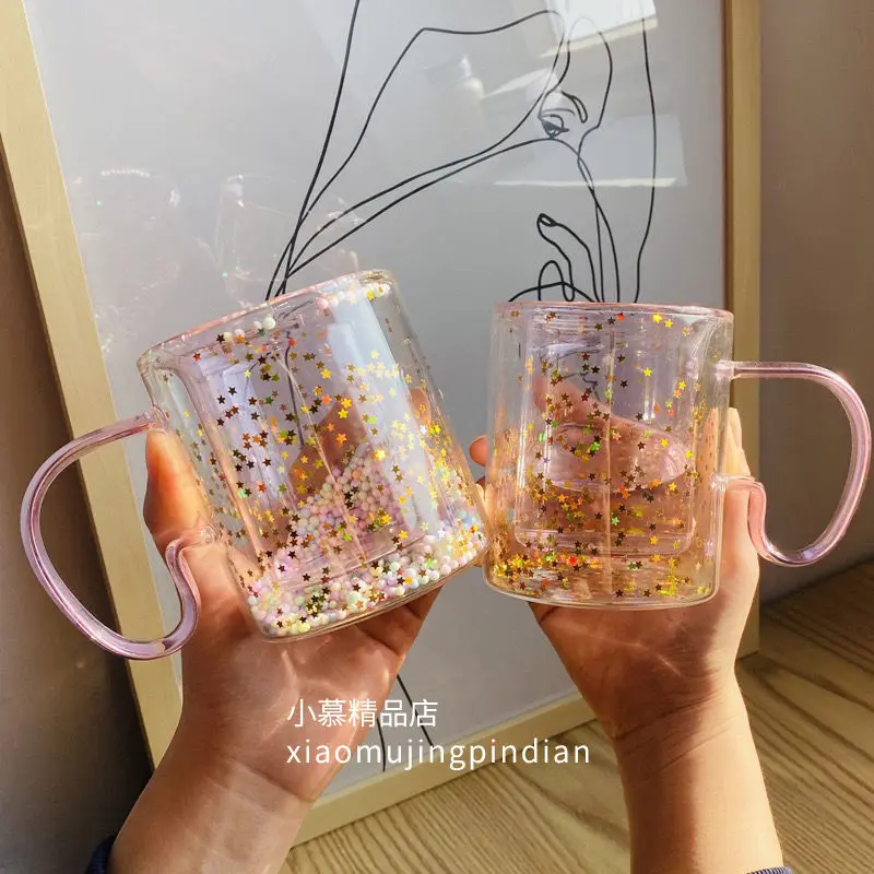 

Girl Heart Bubble Starry Sky Cup Star Sequin Double Wall Glass Handle Heat-resistant Milk Kawaii Cute Coffee Mug