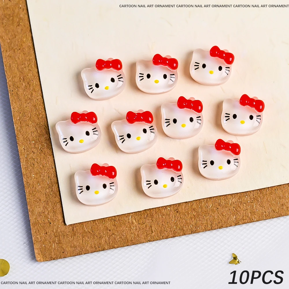 10 stuks Sanrio Sparkle Glitter Hello Kitty Nail Charms Ijs-Transparant Roze 10*11mm Kawaii Hello Kitty Nail Decor DIY Shiny Kitty