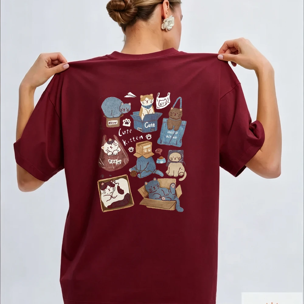 Women Cute Kittens Hiding in Boxes Collage Graphic Tshirt Hand Drawn Box Cat Various Poses Tee Loose Cotton Cat Lover Casual Top