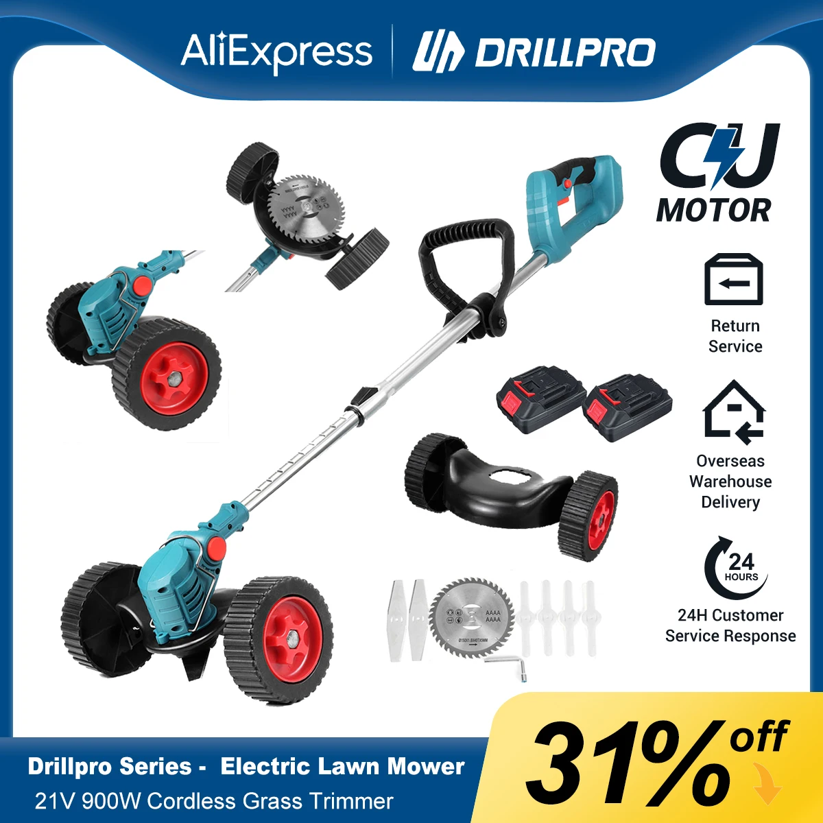 Drillpro 21V 900W электрическая газонокосилка литий-ионный аккумуляторный триммер для травы обрезка садовых инструментов совместимый с Makita 18V аккумулятор