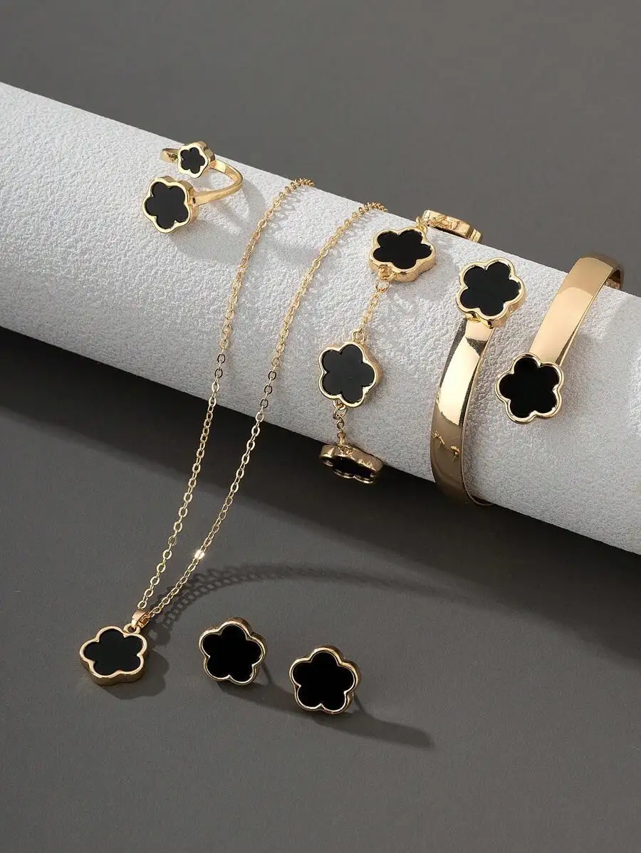

Lucky Clover Jewelry Set for Women: Necklace, Bracelet, Earrings, Ring & Bangle in Gold Tone