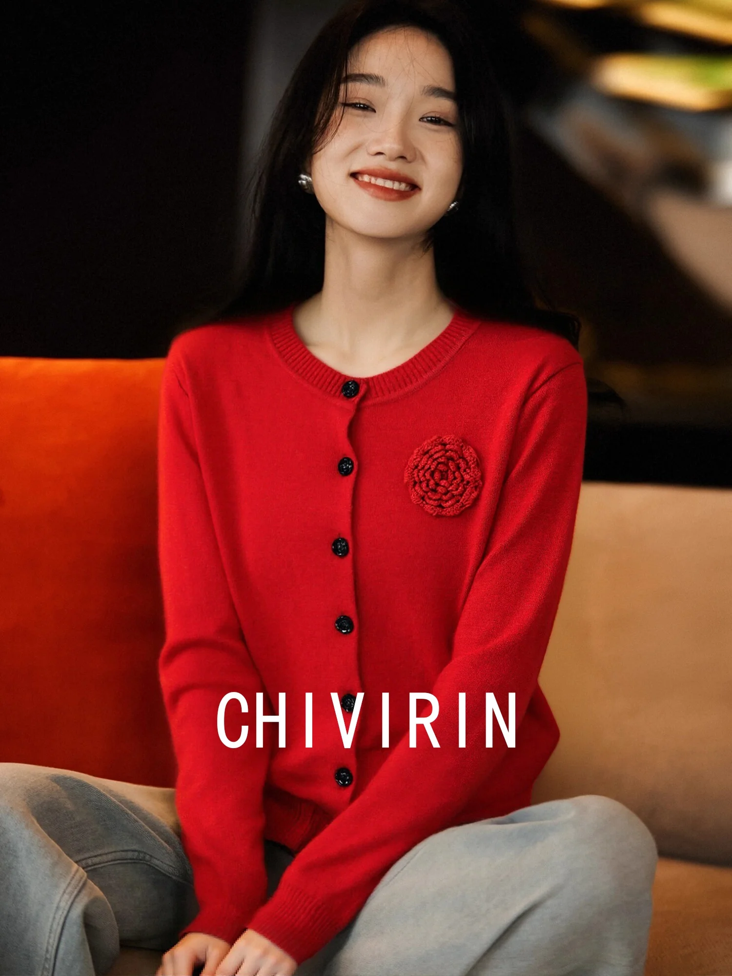 

Chivirin Red Knitted Woolen Cardigan round Ne ort Sle New Year's Faion Women's Spring Autumn Outerwear