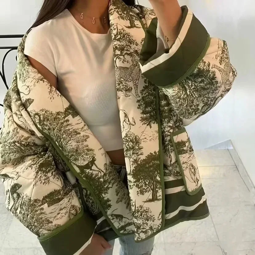 Women's Fashion Cotton Jacket Women Floral Print Quilted Jacket Open Front Kimono Style Padded Coat With Pockets Casual Z6QL - view 4