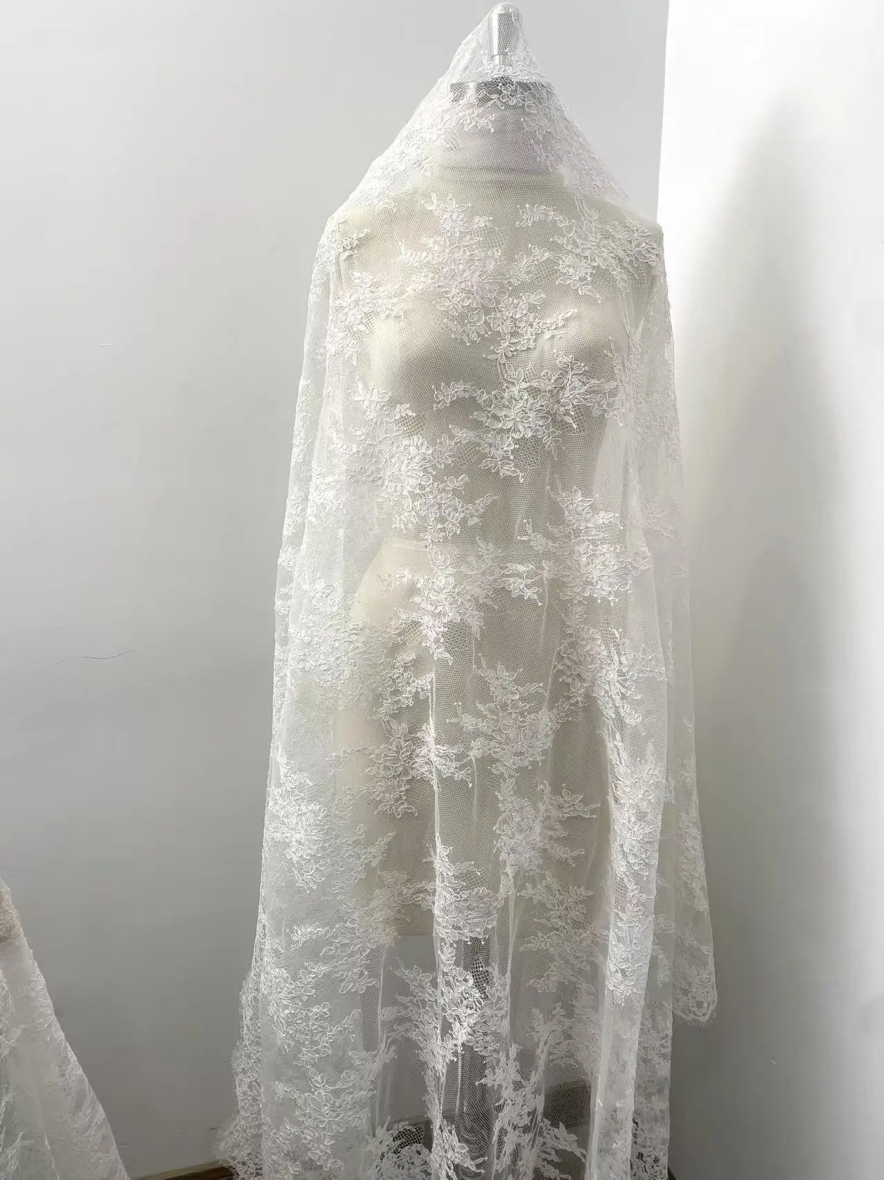 3M  Ivory  Alencon Lace Fabric with Eyelash,Corded Chantilly Lace for Bridal Gown, Wedding Dress
