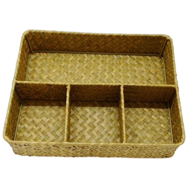 

Handmade Natural Straw Five-Frame Storage Box Rattan Wicker Fruit Basket Food Snack Sorting Case Wedding Organizer Box