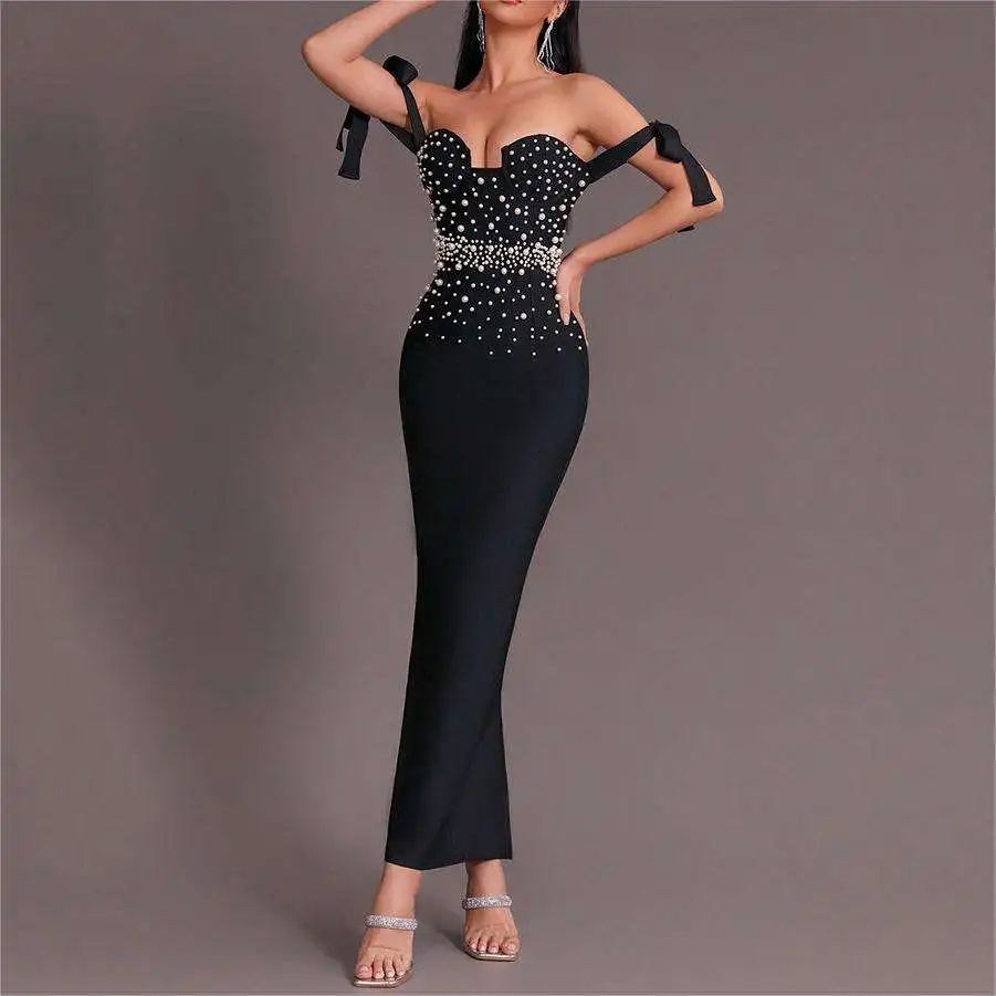 GORAFASHION Women\'s Strapless Pearls Beading Black Prom Ball Dress Elegant Luxury One Shoulder Bow Bodycon Bandage Dress