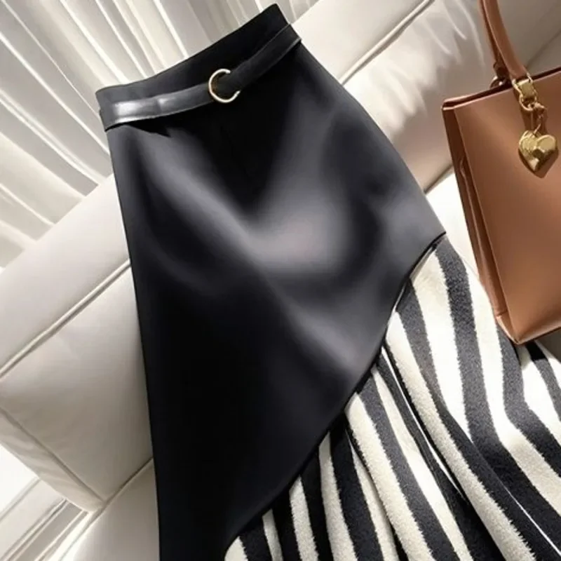 تصميم غير منتظم حزام ملفوفة الورك سليم حورية البحر تنورة المرأة 2025 ربيع جديد المد مخطط المرقعة نصف تنورة طويلة