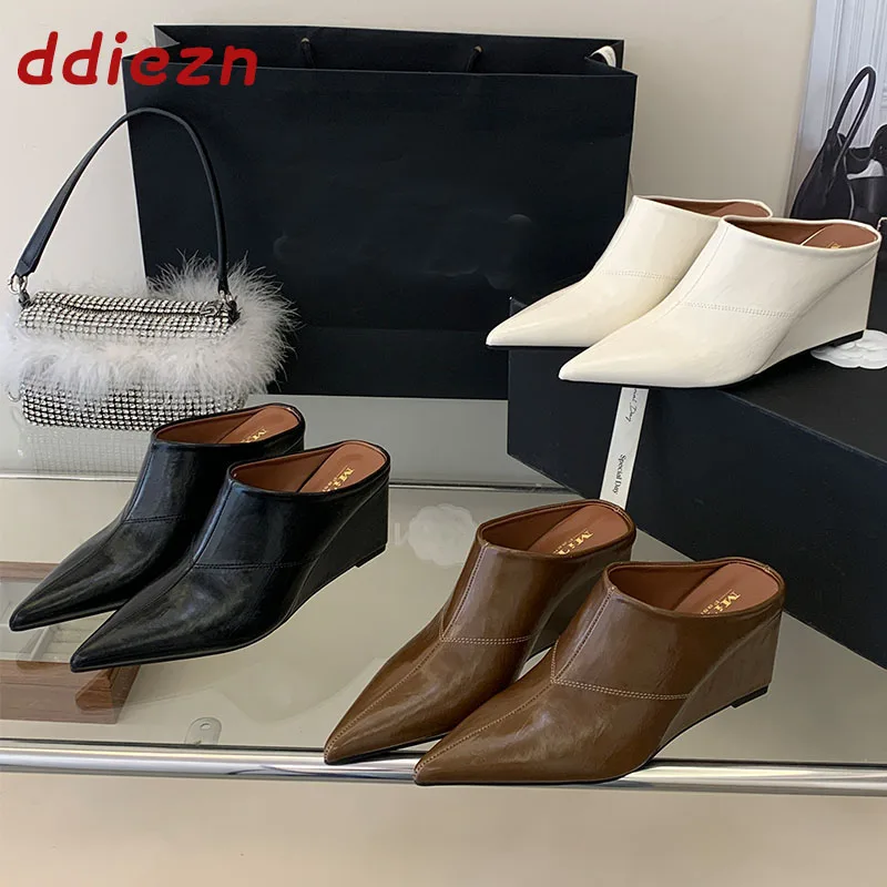 New Spring Summer Fashion Pointed Toe Women Wedges Slippers Mules Pumps Dress Ladies Slip On Wedges Sandals Slides Shoes