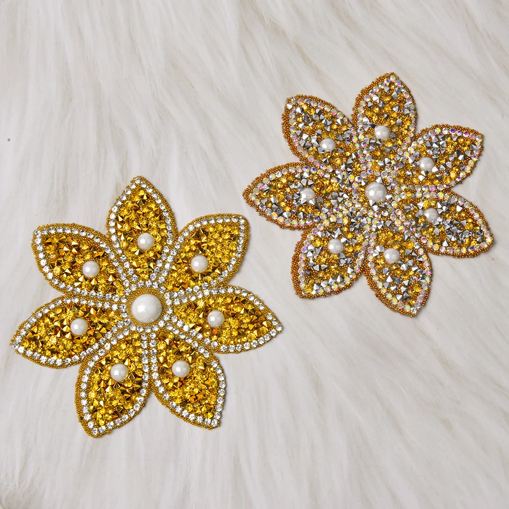 5pcs Pearl Caviar Beads Rhinestone Flower Motifs Patches Applique Iron On For Clothing Sticker Diamond Accessories