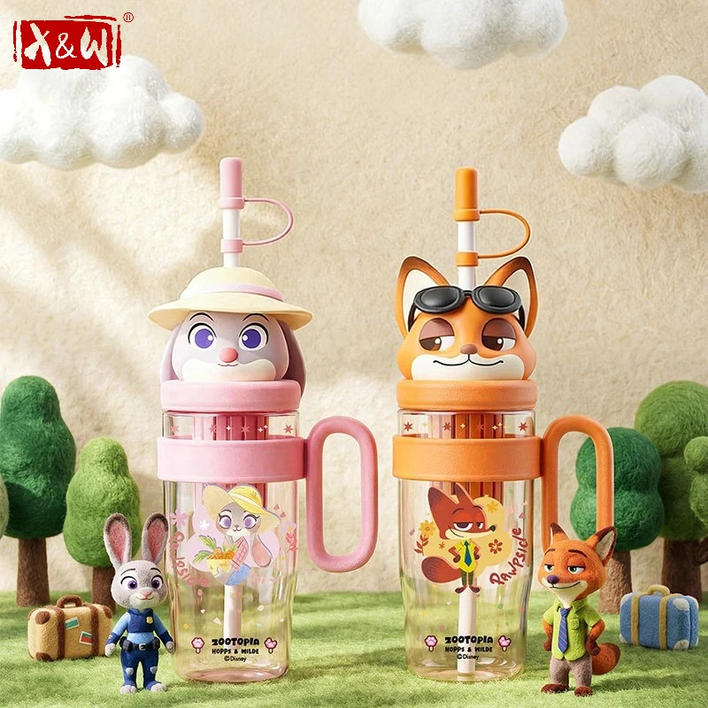 X&W for Disney 1060ML Stitch Water Bottle Tritan Cute Straw Cup with Tea Strainer Judy Summer Iced Drink Cup for Outdoor Travel