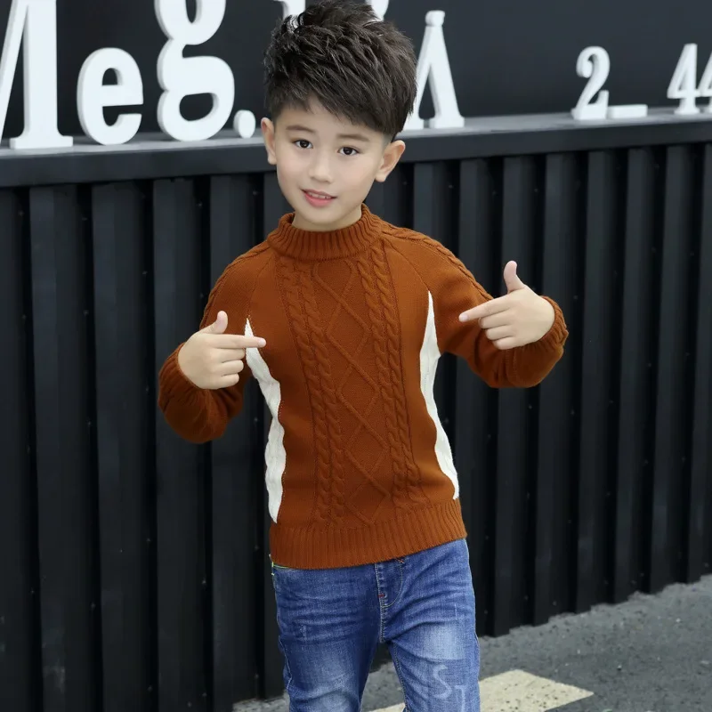 

Kids Sweater Autumn Winter O-Neck Children Knitted Outerwear Tops for Teen Boys Fashion Color Splicing Boy Clothes