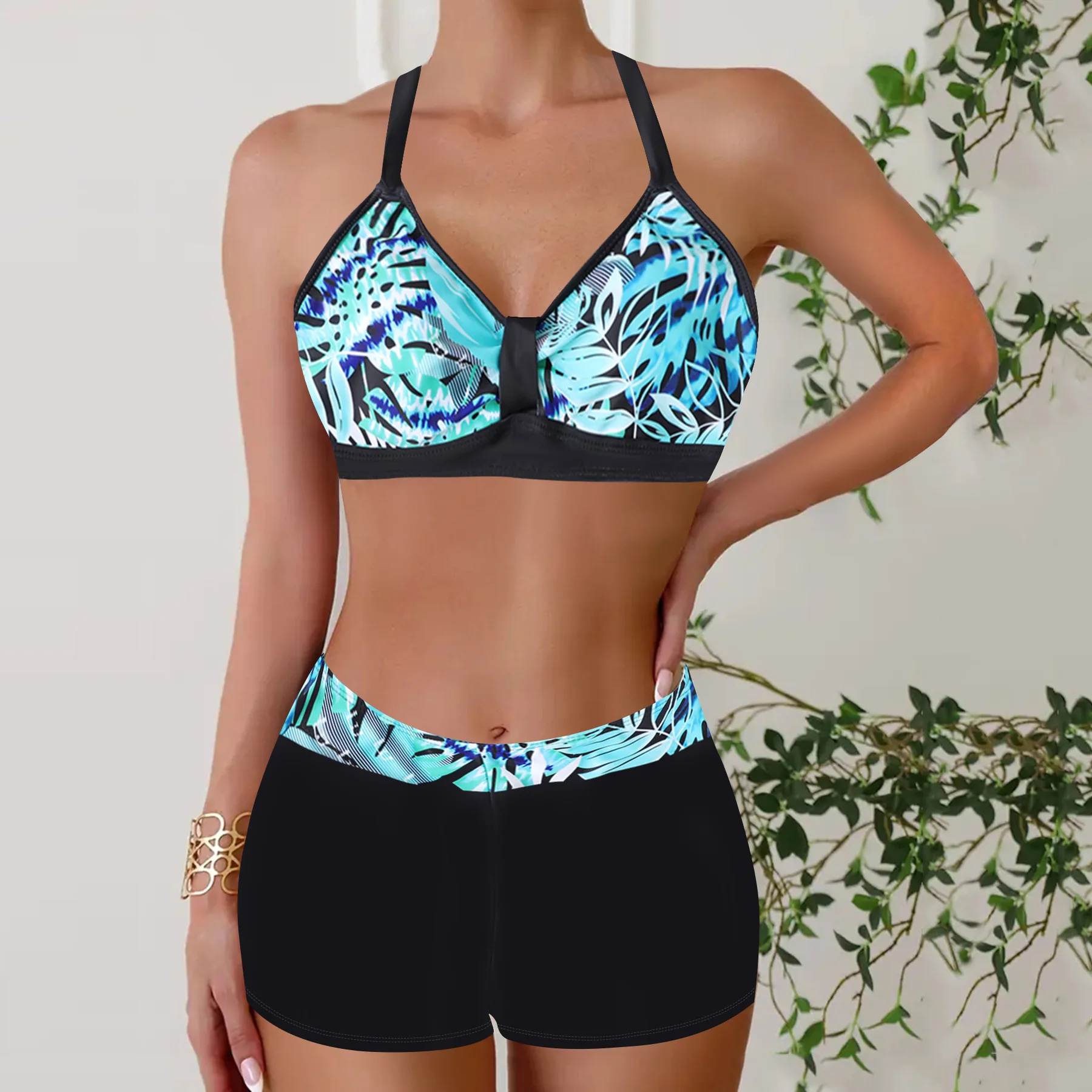 2025 V Neck Halter Bikini Set Women's Triangle Top & High Waist Shorts Summer Two Piece Swimwear Summer Holiday Bathing Suit