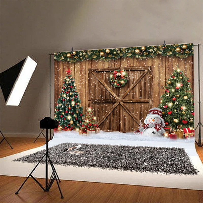 Winter Christmas Rustic Barn Wood Door Backdrop Party Xmas Tree Snow Gifts Photograph Background Photo Banner Decoration Prop
