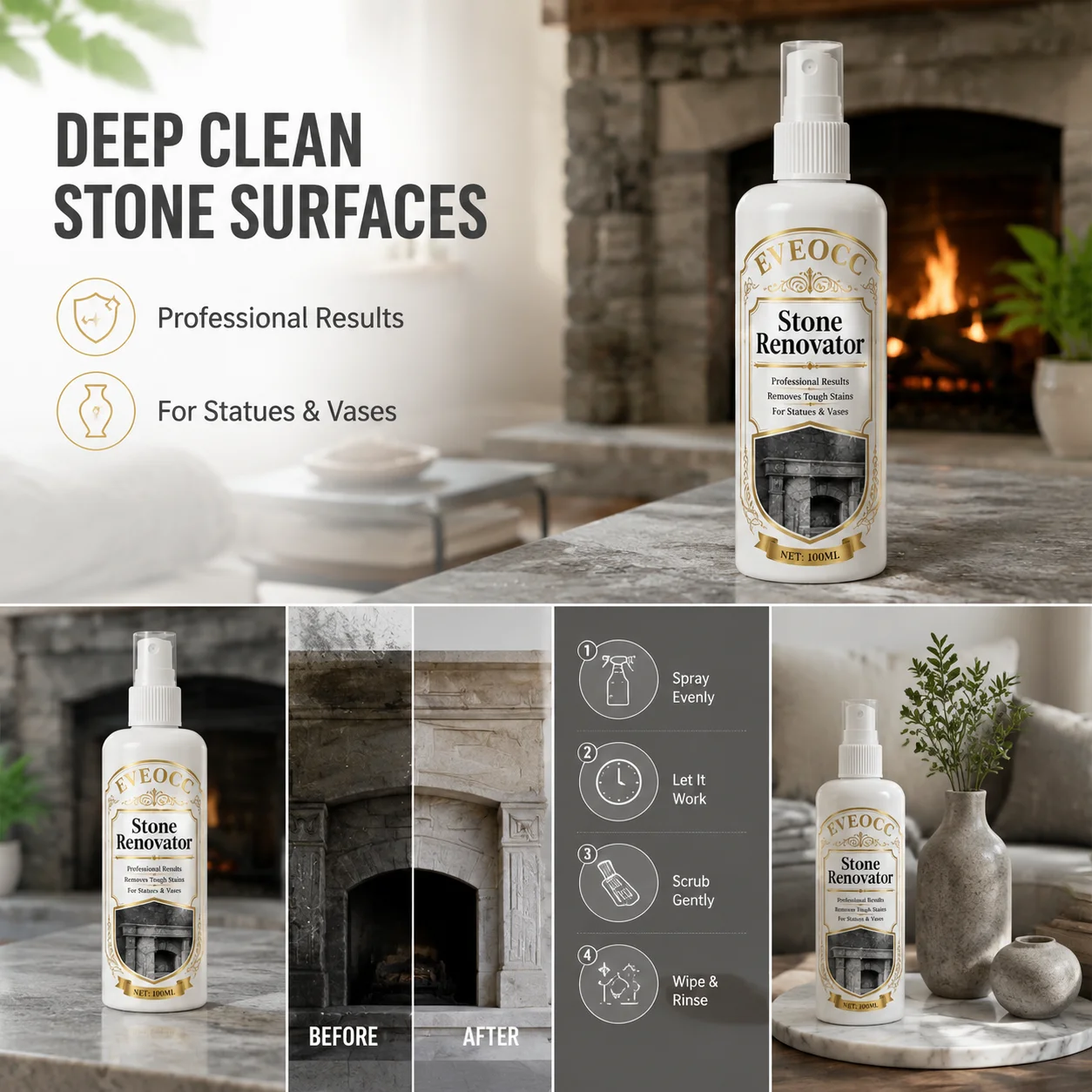 EVEOCC Stone Surface Renovator Spray, Multi‑Purpose Tough Stain Cleaner Restorer for Stone Statue Vase Decor