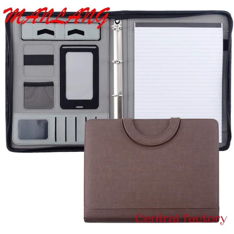 Imagem -02 - Leather Zipper Ring Binder Pasta de Documentos Bolsa de Conferência Pasta Padfolio Carteira com ha a4 Nova Chegada pu