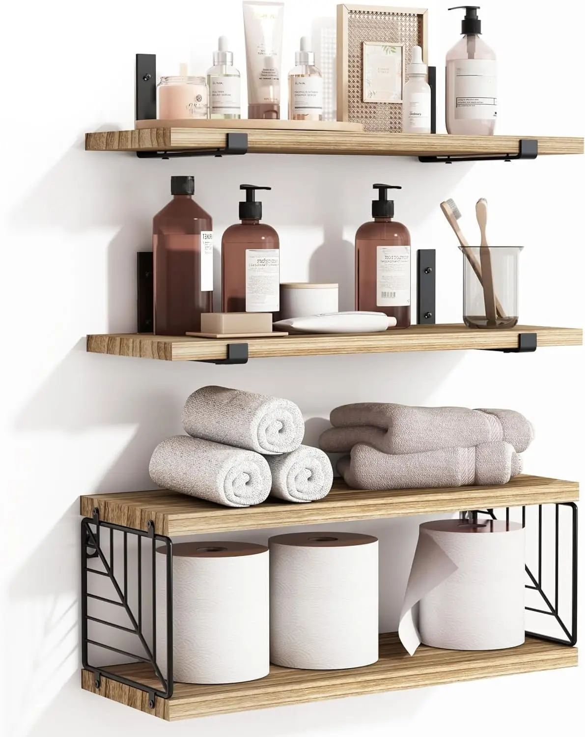 

3+1 Tier Floating Shelves Over Toilet, 15.8in Farmhouse Rustic Wood Wall Decor for Bathroom Living Room Bedroom Kitchen