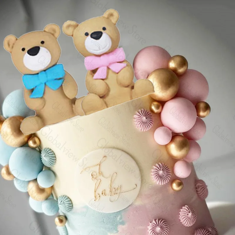 47Pcs Gender Reveal Cake Decorations Pink Blue Balls Cake Topper Teddy Bear Cake Decor Boy or Girl Baby Shower Decor