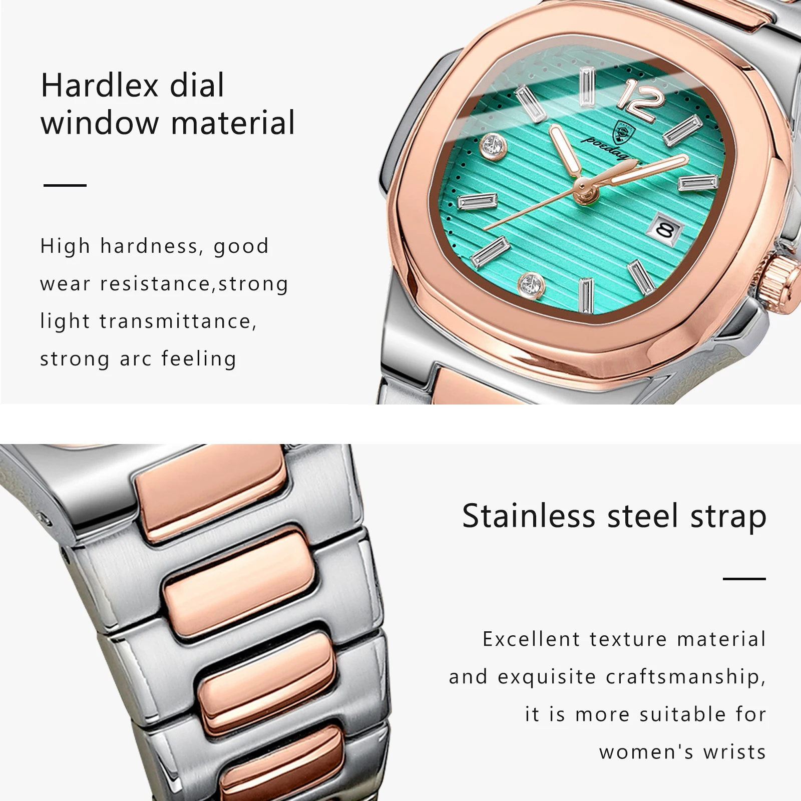 POEDAGAR ساعة يد فاخرة للسيدات مضيئة مقاومة للماء من الفولاذ المقاوم للصدأ ساعة تاريخ للمرأة أنيقة كاجوال كوارتز ساعات نسائية