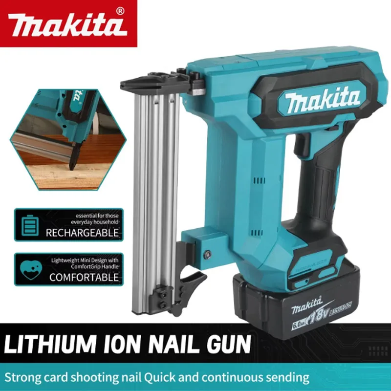

Аккумуляторный гвоздезабиватель Makita 18В Li-Ion, аккумулятор 6.0Ач, 100 гвоздей, отлично подходит для укладки напольных покрытий, монтажа полок и домашних работ по дереву.