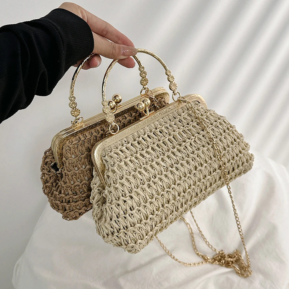 Bolso de mano tejido con cadena para mujer, bolso de mano femenino, textura Simple, fiesta de cena, hecho a mano, informal, elegante, bolso de noche portátil, moda de verano