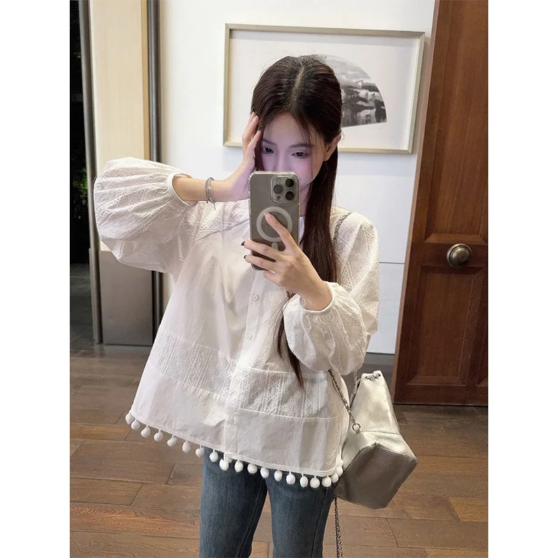 หญิงฤดูใบไม้ผลิฤดูร้อน Preppy สไตล์สดชื่นปุ่ม Hollow Out สีทึบ O-คอผู้หญิงเสื้อหวาน Kawaii แขนยาว Top Tee